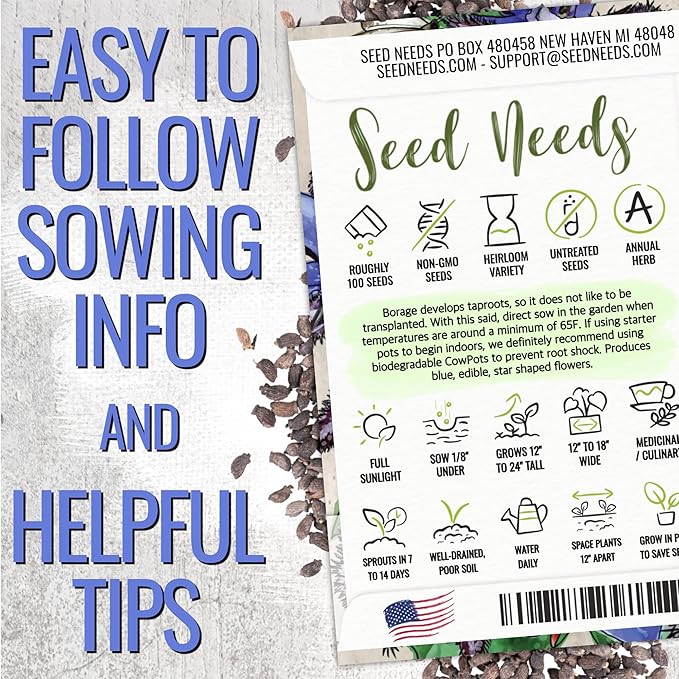 Seed Needs Borage Seeds for Planting Blue Star Flowers - Heirloom Non-GMO & Untreated - Plant a Home Grown Flowering Herb Garden Attract Bees, Butterflies & Other Pollinators (1 Pack)
