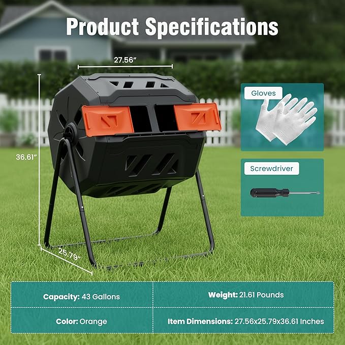 OLIXIS Compost Bin Outdoor 43 Gallon, Dual Chamber Composter Tumbler Outdoor with Gloves, Efficient 360°Rotating Composting Bin for Patio, Lawn, Home Gardening and Landscape, Black and Orange