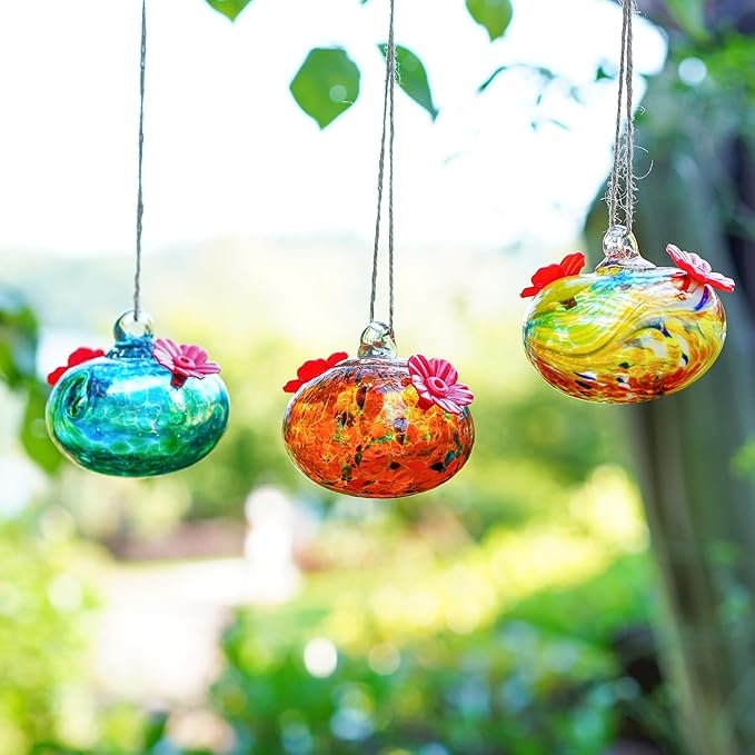 Set 3 Small Blown Glass Hummingbird Feeders for Outdoors Hanging with 2 Flower Feeding Ports 3inch Glass Humming Bird Feeders Garden Decor for Outside