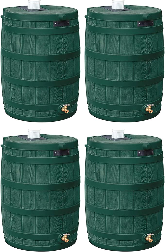 Good Ideas Rain Wizard Water Storage Premium Quality Collection Barrel with Brass Spigot, Safety Screen, and 50 Gallon Capacity, Green (4 Pack)