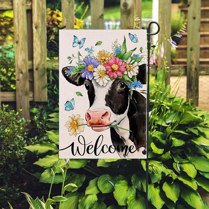 Spring Welcome Cow Garden Flag 12 x 18 inch Double Sided Outside decorations,Funny Cute Animal Flower Butterfly Small Garden Flags For Outdoor Yard Lawn