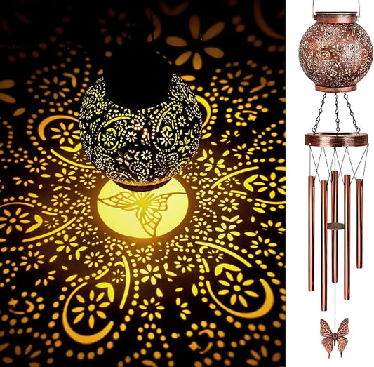 YHmall Solar Wind Chimes for Outside, Butterfly Birthday Gifts for Women Mom, Flower Solar Lantern Windchimes Outdoors, Hanging Memorial Wind Chimes for Garden Decor
