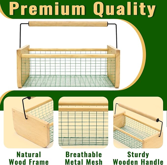 Garden Hod Harvest Basket, 16 x 10 x 7in Gardening Harvest Baskets with Wood Handle, Solid Wood with PVC Wire Mesh, Garden Baskets for Gathering Vegetables
