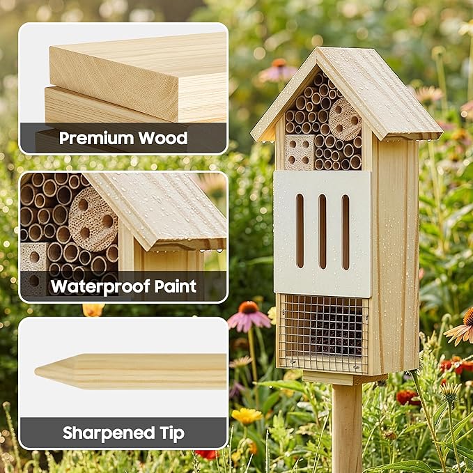 Bee House Bug Hotel & Butterfly House with Stake, Handcrafted Wooden Ladybug Hotel, Natural Insect Habitat for Garden, Patio, or Yard, Attracts Pollinators, 10.4 x 5.5 x 3.2 Inches,25 inches Stake