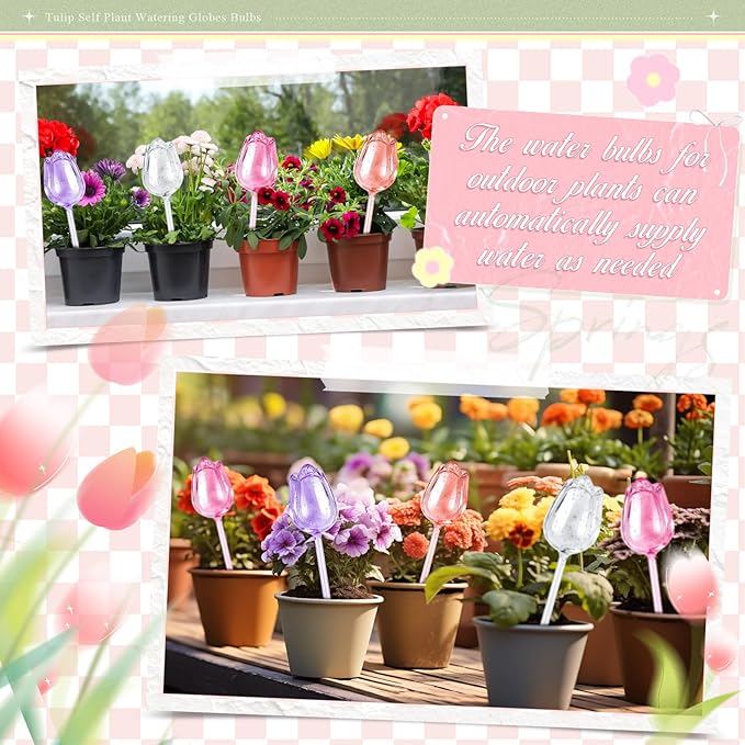 8 Pcs Self Watering Globes Tulips Bulbs Automatic Plant Watering Devices Plastic Plant Self Waterer Insert Spikes for Indoor Outdoor Garden Decoration