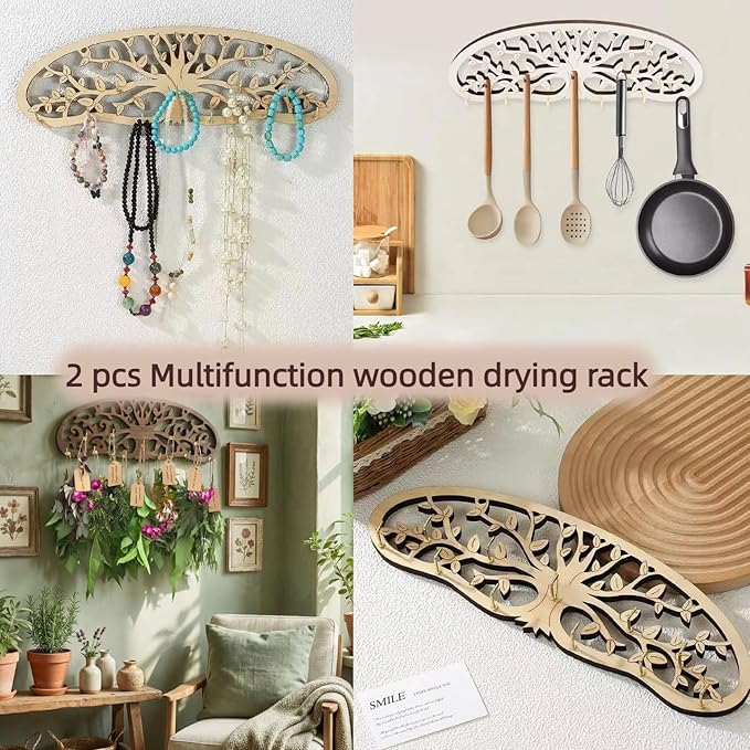 Herb Drying Rack Hanging 2 Pack, Wall Mounted Wooden Flower Drying Rack and Wall Decor for Kitchen Witch, Rustic Apothecary Supplies, Over The Garden Wall Style