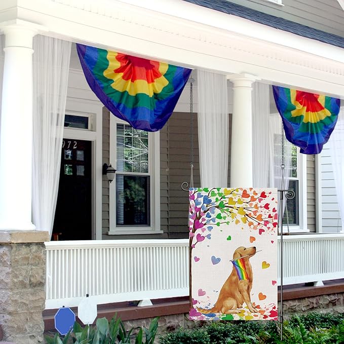 Louise Maelys Golden Retriever Pride Month Garden Flag Rainbow Love Heart Tree 12x18 Inch Double Sided Small Burlap Gay Lesbian LGBTQ Yard Outdoor Sign Outside Home House Decor