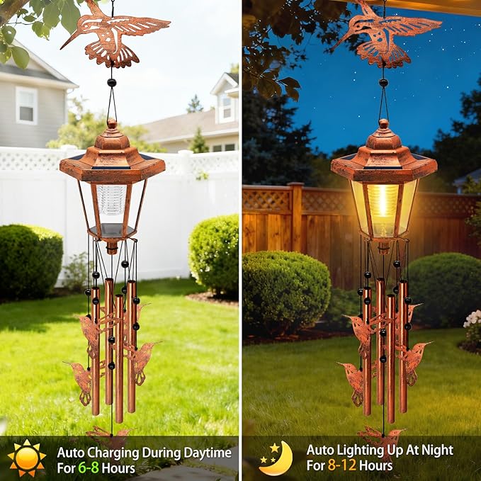 Large Solar Hummingbird Wind Chimes with Wind Catcher/Solar Decor Light to Create a Zen Atmosphere Suitable for Outdoor, Garden, Patio Decor Classic Bronze Wind Chimes as A Memorial Gift for Unisex
