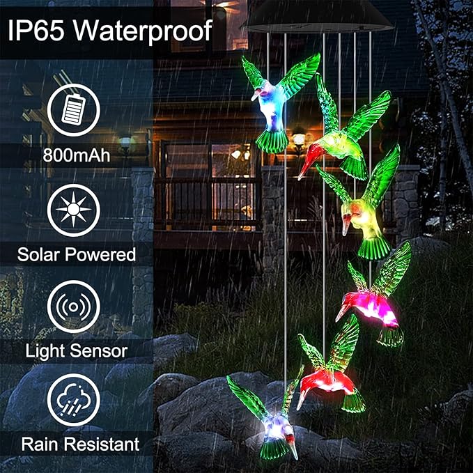 Wind Chime, Hummingbird Solar Wind Chimes Outdoor Color Changing, 25 Inch Memorial Wind Chimes Hummingbird Gifts for mom, Birthday Gift for Women, mom's Best Gifts, Garden Patio Decor