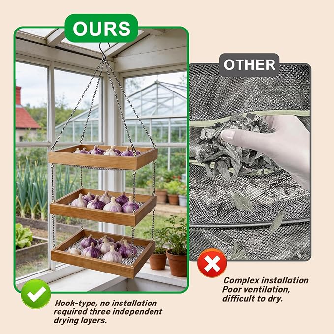 3-Tier Small Herb Drying Rack – Wooden Mesh Dryer (13.75" x 9.84") for Flowers, Pasta, Veggies–Space-Saving Design Perfect for Craft Rooms & Sunrooms – Unique Gift for Gardeners & Craft Lover