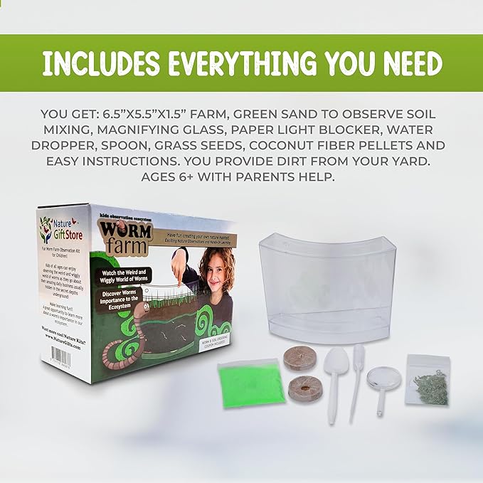 Worm Farm for Kids Shipped with Live Worms - Observation Kit with Ecosystem, Soil Mixing Sand, Magnifying Glass & More from Nature Gift Store