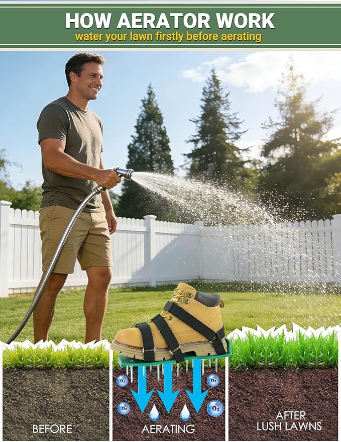 Lawn Aerator Shoes with Dual Straps on Instep for Effectively Aerating Lawn Soil, Aerator Lawn Tool One Size Fits All Pre-Assembled Heavy Duty Spiked Sandals for Patio Garden Grass Green