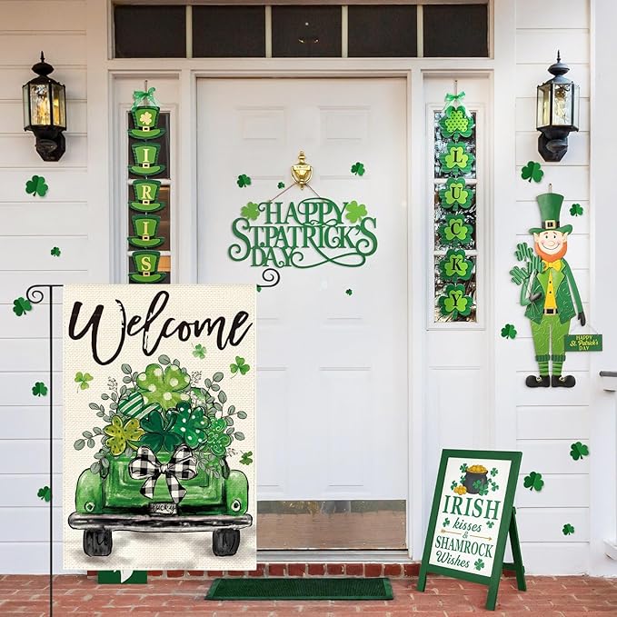 AVOIN colorlife St Patricks Day Truck Garden Flag 12x18 Inch Double Sided Outside, Lucky Shamrocks Clovers Welcome Yard Outdoor Decoration