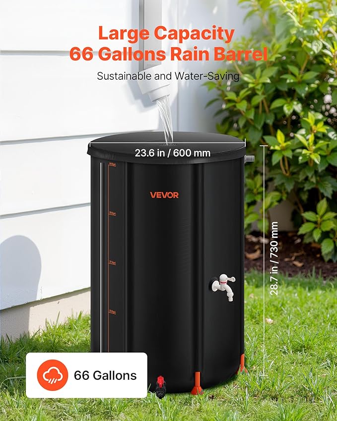 VEVOR Collapsible Rain Barrel, 66 Gallon Portable Rain Water Collection Barrel, 500D PVC Rainwater Collection System, Garden Water Catcher Tank Storage Container with Spigot & Overflow Kit, Black