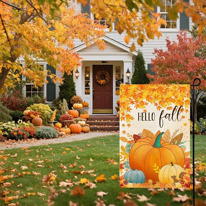 Hello Fall Pumpkin Leaf Garden Flag 12x18 Inch, Double Sided Autumn Thanksgiving Holiday Burlap Yard Flag for Outdoor Decoration