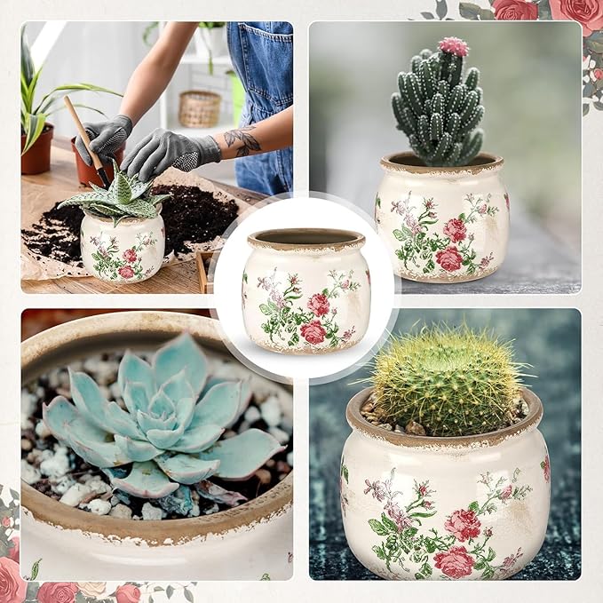 7.7" Large Ceramic Plant Pot Beige Red Romantic Rose Crackle Glaze Rustic Flowers Pot Decorative Planter with Drainage for Indoor Outdoor Plants Home Kitchen Office Decor Gift