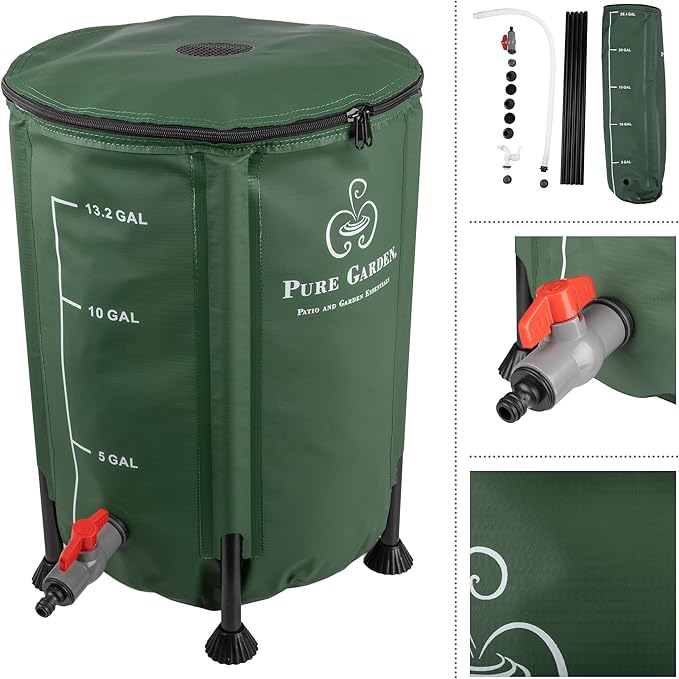Rain Barrel - 13.2-Gallon/50-Liter Collapsible Water Container for Catching Rainwater - Portable Water Tank with Outflow Valve by Pure Garden (Green)