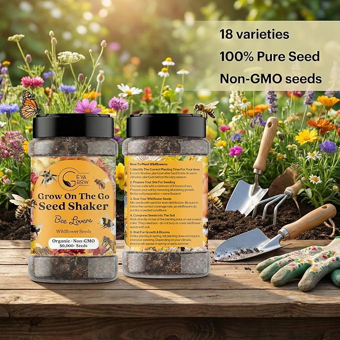 Mini Wildflower Seed Shaker - Save The Bees Seed Mix, by GevaGrow | 80,000+ Seeds | Pollinator & Bee Attracting Flower Seeds Bulk for Planting in Pots & Outdoor Gardens | 2 Ounce