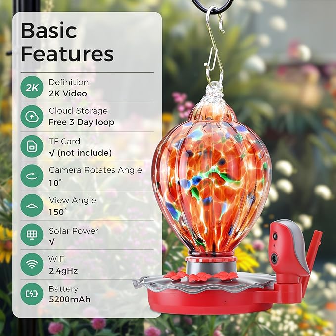 Smart Glass Hummingbird Feeder with Camera Solar Powered 2K- AI Identify & Water Detection, Instant Notification, Leakproof & Ant Moat TT Nature
