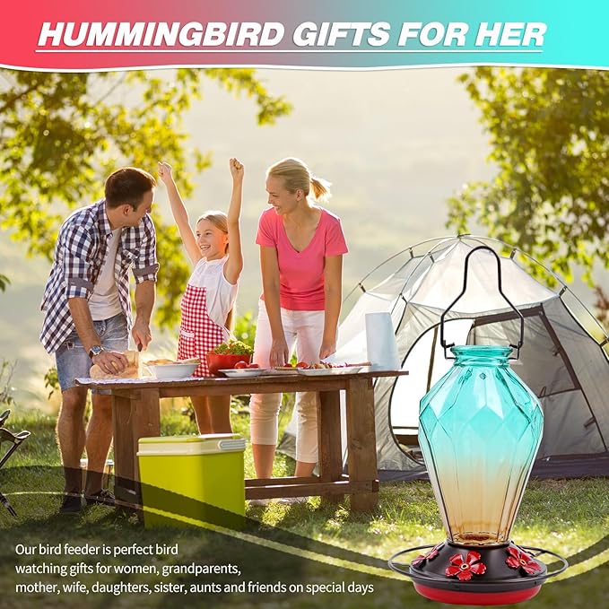 2 Pack Glass Hummingbird Feeder for Outdoors Hanging, 25Oz Humming Bird Nectar Feeder, Perch, 5 Flower Feeding Ports, Leak Proof Base, Hook for Outside Garden Backyard, Diamond Green