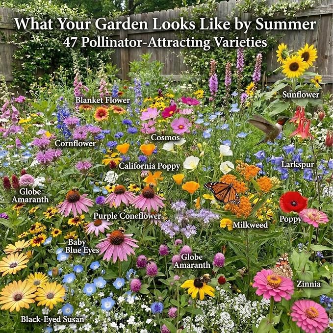 Seedboy Wildflowers for Pollinators Seed Mix – 8 oz Bulk Wildflower Seeds - 160,000+ Non-GMO Annual and Perennial Seeds for Bees Butterflies Hummingbirds – 47 Varieties Wild Flowers for Planting (8oz)
