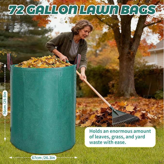 72 Gallon Reusable Leaf Bags, 4 Pack Heavy Duty Yard Waste Bags with Handles, Extra Large Compost Garden Bags for Lawn Leaf Collection, Grass Clippings, Weeds, Yard Clean Up