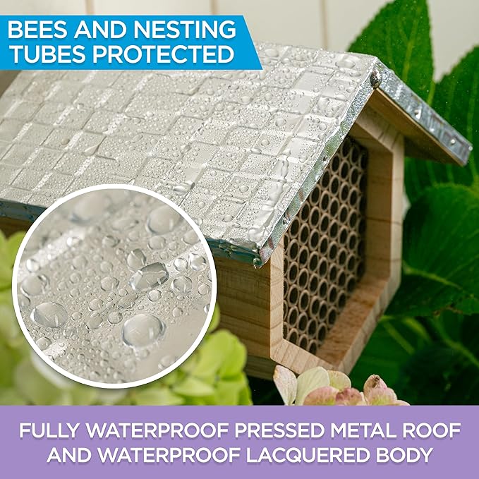 Rivajam Beekeeper Pro Mach II Mason Bee House - Strong + Waterproof Bee Hotel & Insect Habitat - Replaceable Mason Bee Tubes Filled Bee Houses for The Garden - Pollinator House Gardening Gifts