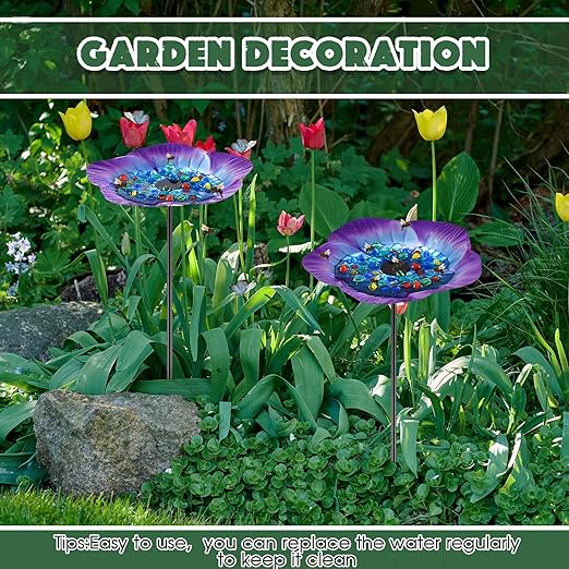 Tandefio 2 Pack Bee Watering Station Metal Butterfly Water Feeder Cup with 60 Colorful Glass Marble Vivid Flower Butterfly Bee Bath Bowl for Outdoor Garden Yard Decor(Blue Purple)
