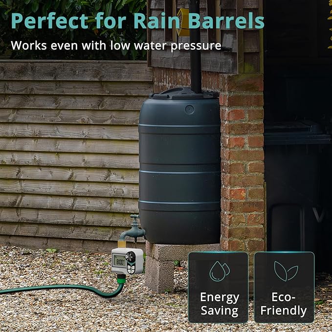 QUOBAS Ball Valve Sprinkler Timer, Programmable Water Timer for Garden Hose Faucet with Brass Ports, Rain Delay/Manual/Automatic Irrigation System, Zero Water Pressure Watering Compatible Rain Barrel