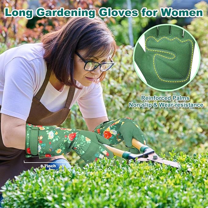 DLY Gardening Gloves,Leather Rose Gloves,Women's Long Gardening Glove for Garden Work and Yard Work,Durable and Comfortable(X-Large, Green