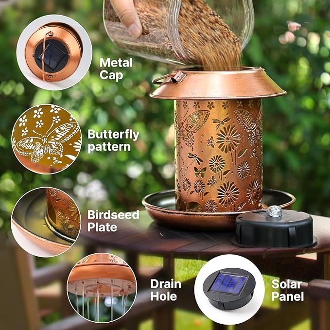 Solar Bird Feeders for Outdoors Metal Butterfly Lantern Hanging on a Tree Metal Wild Bird Feeder Decoration for Patio,Yard,Lawn,Pathway,Garden,Garden Decor Gifts for Bird Lovers Mom Friends