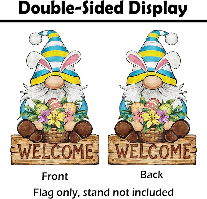 Heyfibro Welcome Easter Garden Flag Banner Double Sided 12.6x18.9 Inch Bunny Gnome Garden Flag Small Yard Flags for Outside House Farmhouse Holiday Easter Outdoor Decorations