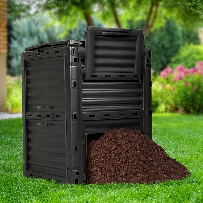 Compost Bin Outdoor 80 Gallon (300L) Large Compost Bin Composter with w/Top Flip Latch-on Lid BPA-Free Composter Barrel for Garden, Kitchen, and Yard Waste, Black, Easy Assembly