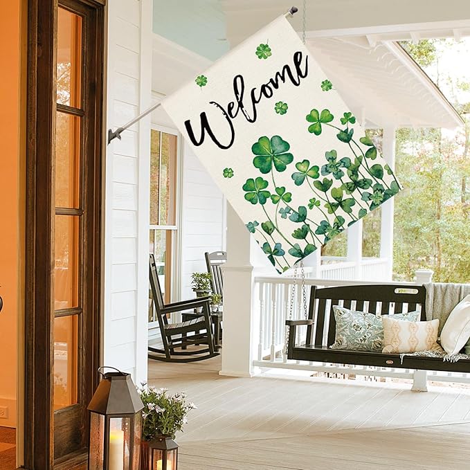 AVOIN colorlife St Patricks Day House Flag 28x40 Inch Double Sided Outside, Shamrocks Four-leaf Clovers Welcome Yard Outdoor Flag