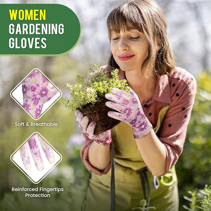 6 Pairs Gardening Gloves for Women - Breathable Rubber Coated Garden Gloves, Multi-purposes Gardening Gloves