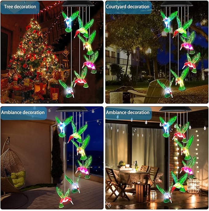 Wind Chime, Hummingbird Solar Wind Chimes Outdoor Color Changing, 25 Inch Memorial Wind Chimes Hummingbird Gifts for mom, Birthday Gift for Women, mom's Best Gifts, Garden Patio Decor