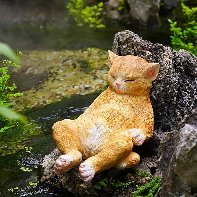 Cat Garden Statue Outdoor Decor, Resin Cat Figurine Garden Sculpture Patio Decor, Larger Pet Memorial Stone, Orange Sleeping Cat Memorial Gift for Loss of Cat, Outdoor Statues Pet Remembrance Gift