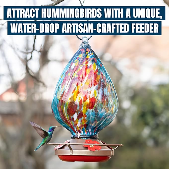 MEKKAPRO Glass Hummingbird Feeders for Outdoors 45oz, Decorative Feeder with Blown Glass Design for Outdoors Hanging and Backyard, Easy Fill with 4 Nectar Feeding Flowers (Sky Blue)