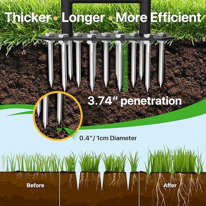 Lawn Aerator Spike Aeration Tool, Manual Air Aerator Tool for Lawn with Iron 18 Spikes, 38.8 Inch Hand Aerator for Grass, Yard, Heavy Duty Lawn Aerating Tool with Double-Pipe Handle, T-Grip, Black