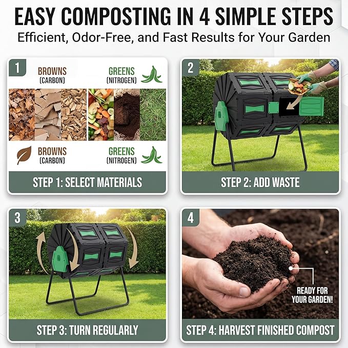 Dual Chamber Compost Tumbler, 45 Gallon Large Capacity 360° Rotating Composting Bin, BPA-Free Heavy Duty Composter with Easy Assembly, 38" Height Compost Bin Outdoor for Food Scraps Garden Yard Waste