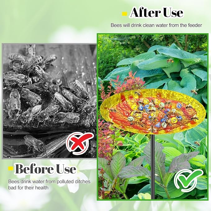 Bee Butterfly Water Station, MeyRolizn Metal Butterfly Puddler with Glass Marbles, Bee Bath Butterfly Feeders with 4 Prongs Base Stake for Outdoors Garden Yard Patio Decor(Ellipse)