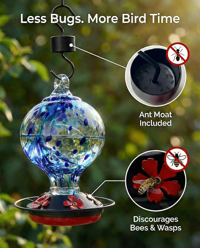 Hummingbird Feeder for Outdoors Hanging, 34 Oz, Handcrafted Gift Inner Glass Décor for Bird Garden Lover, Ant Moat & Bee-Resistant Ports, Hook & Brush Included, Ocean Blue