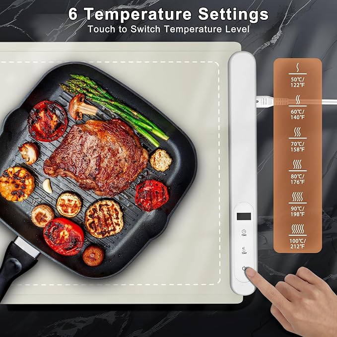 FYY Extra Large Warming Mat for Food - Rapid and Full Surface Heating, 6 Temp Settings, 6H Timer, Rollable Portable Food Warming Mat for Gatherings, Parties, Keep Meal Warm (XX Large Size, Khaki)