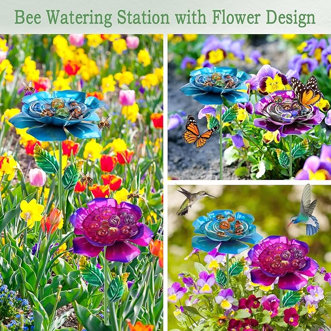 2 Pack Bee Watering Station, Metal Bee Feeder with Glass Marbles, Flower Design Bee Butterfly Watering Station Bee Waterer for Outdoor Garden Courtyard Decor