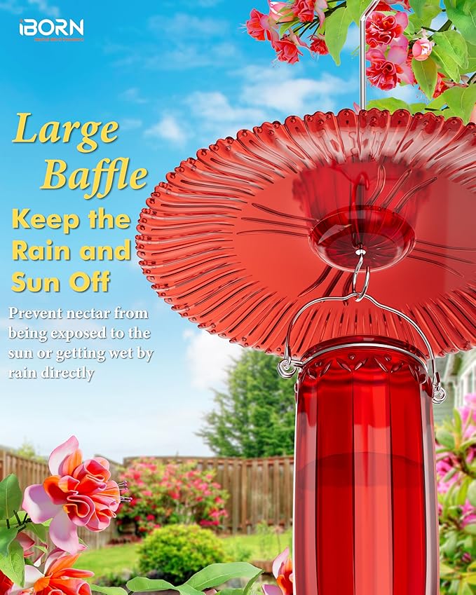 iBorn Hummingbird Feeders for Outdoors Hanging w/Sun Baffle,Ant Proof Moat for Hummingbird Feeder Glass, 8 Ports 16oz Humming Bird Nectar,Red Glass, Red Base,Pack of 1,2025 New