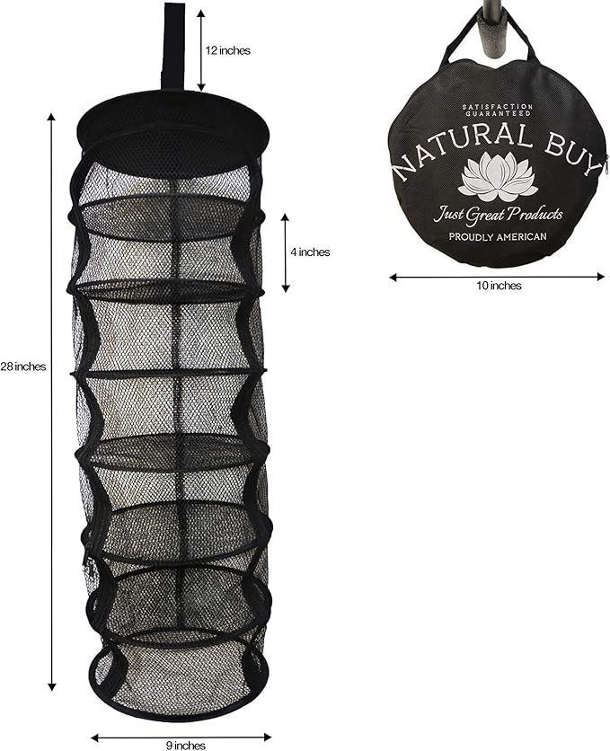 9 Inch 7 Level Micro Hanging Dry Net Indoor/Closet Drying Rack for Herbs, Organizer, Freshner - Black Mash Screen with Top-to-Bottom Zipper - Apartment Size with Zipped Storage Pouch