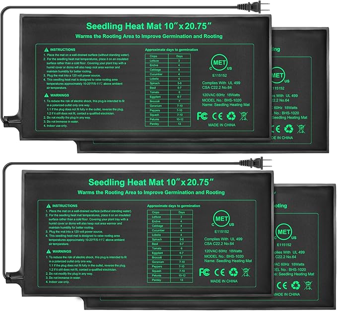 Bestio Waterproof Seeding Heat Mat 10"x 20.75", 4 Pack Durable Plant Heating Pad for Seed Germination, UL & MET-Certified Warm Hydroponic Heating Pad for Germination,Greenhouses