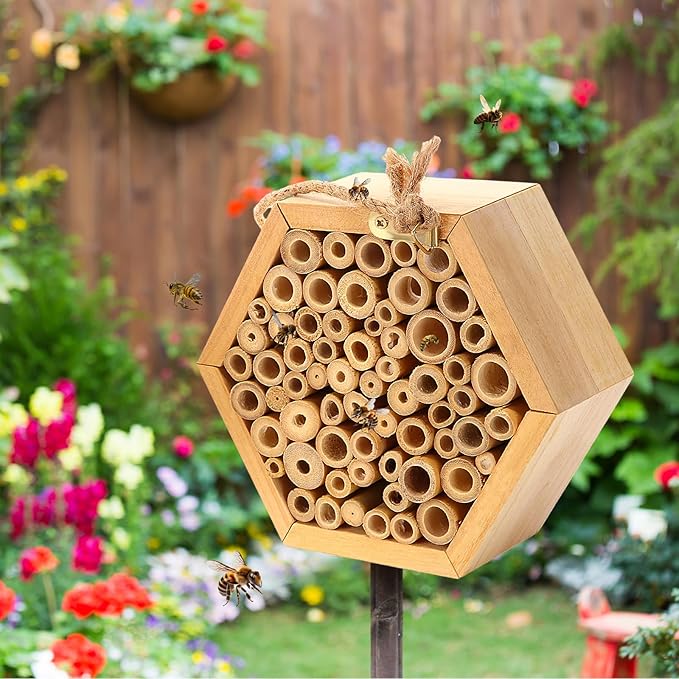 Leinuosen Mason Bee House for The Garden with DIY Painting Kits and 3 Felt Bee 6 Felt Flower Natural Handmade Wooden Box with Bamboo Tubes for Pollinators to Enhance Your Garden's Productivity