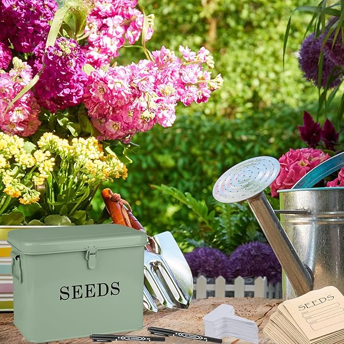 3 Dividers Seed Storage Box, Metal Seed Box Seed Storage Organizer with Safety Lock, Portable Garden Seed Bin, Professional All-in-one Kit, Green