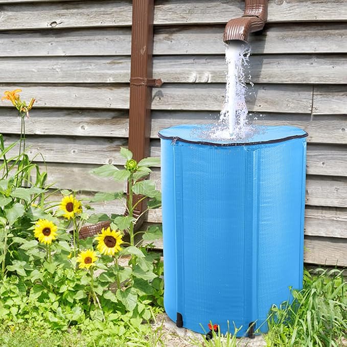 100 Gallon Collapsible Rain Barrel, Water Storage Tank, Portable Rainwater Collection System, Rain Catcher Barrel with Spigots and Overflow Kit, Rain Water Barrel Collector for Garden, Blue